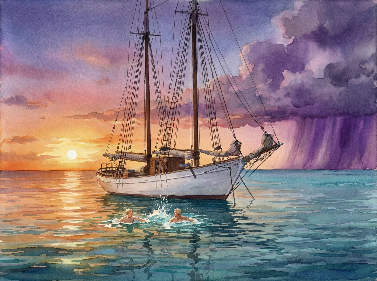 Crew Swimming at Sunset
